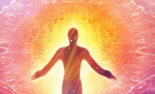 Past life regression therapy session, man relaxing with light symbolizing past life exploration.
