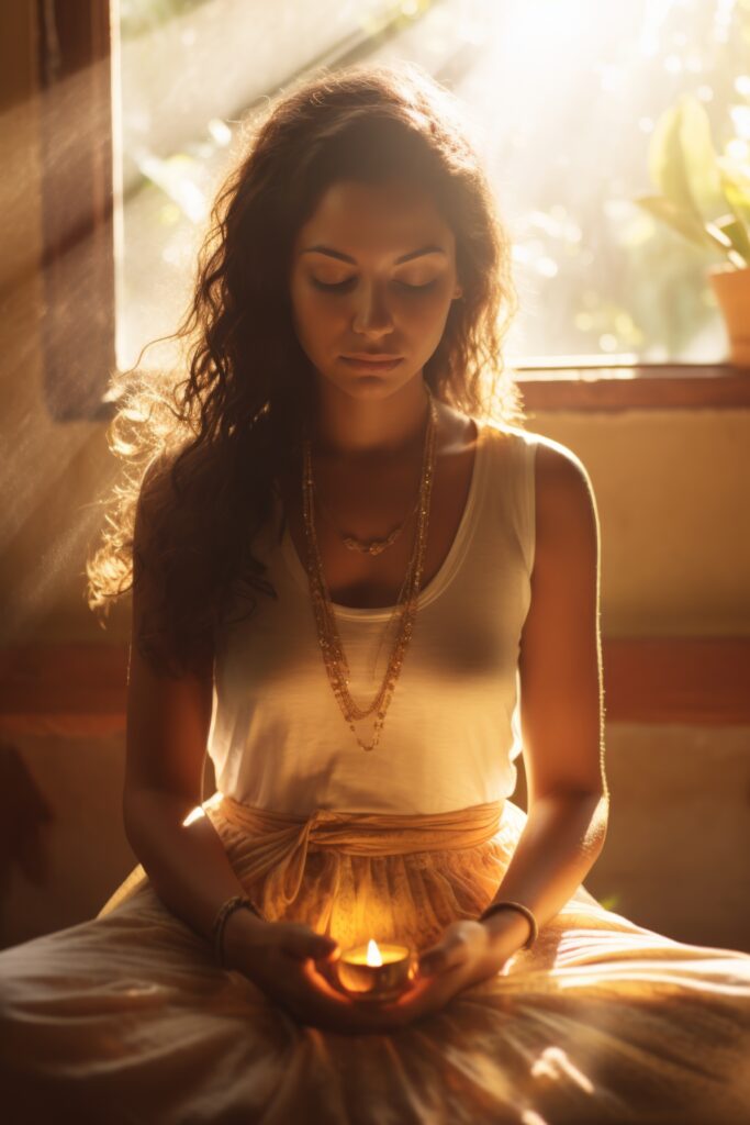 Woman performing Reiki healing therapy with hands over recipient